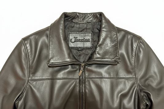 Leather jacket interior with Jessica label on white background